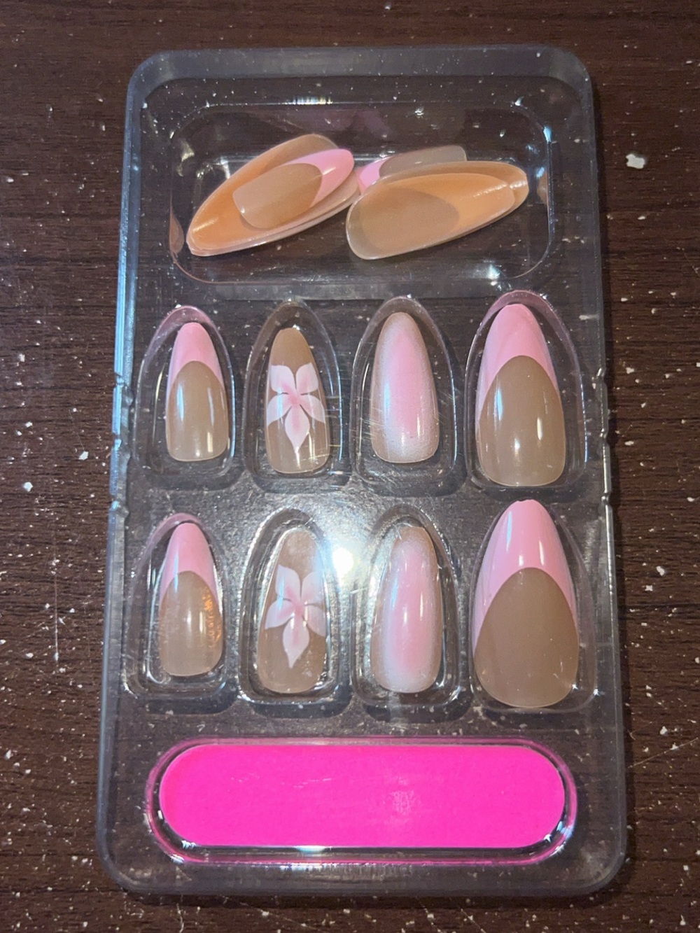Pink and Brown French Tip Press-On Nails with Floral Accent - Women Shoes